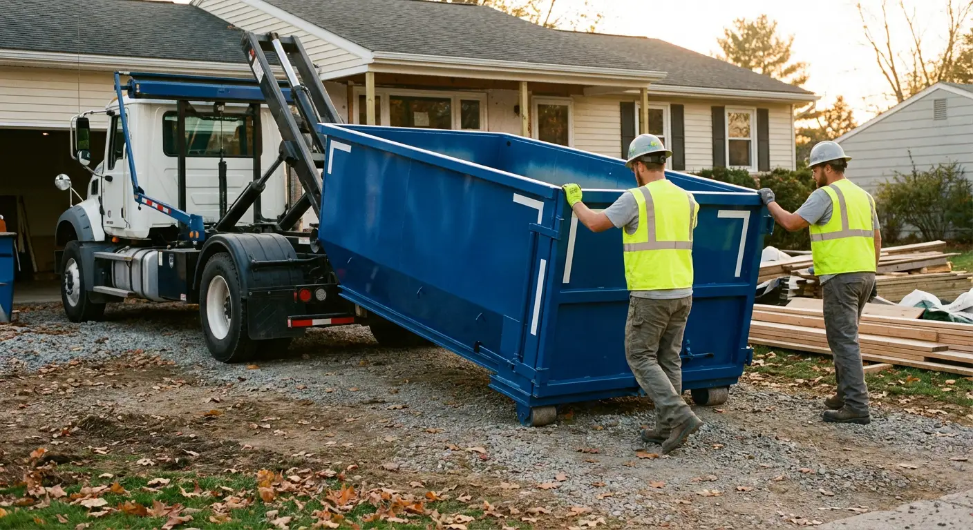 Construction dumpster delivery truck in action in Odessa, TX