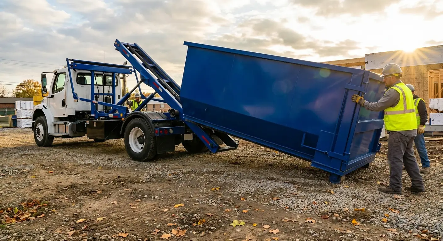 Construction dumpster delivery truck at job site in Odessa, TX