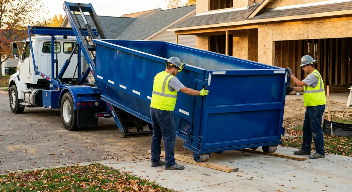 Roll-off dumpster delivery truck in residential area in Odessa, TX